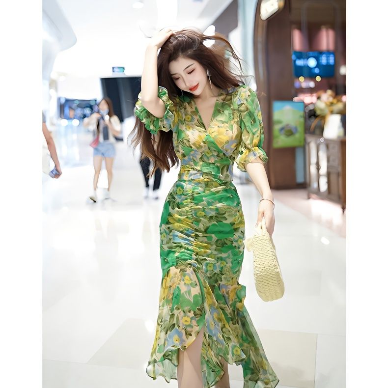 French Vintage Floral Midi Dress - Nuevo vestido ceñido a la cintura
