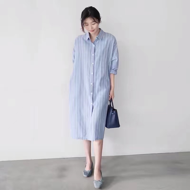 Korean Style A Line Shirt Dress - Vestido Camisero Azul a Rayas para
